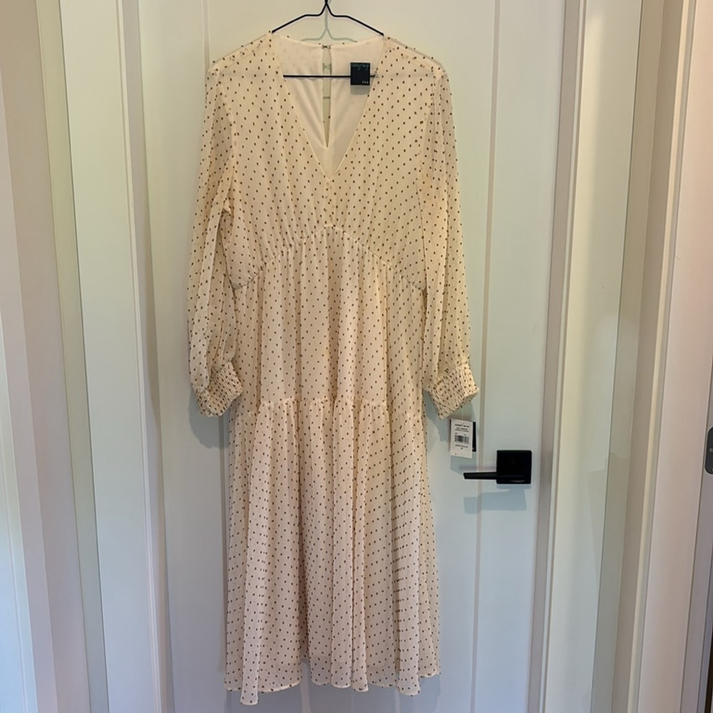 Gabby Skye Cream Dress tan Swiss dots elastic waist back closure size 12 flowy - Picture 3 of 16